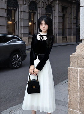 2025秋季新款有里布法式复古千金风设计假两件纱裙D3912A