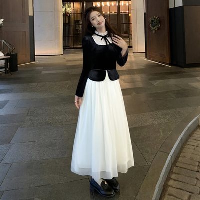 2025秋季新款有里布法式复古千金风设计假两件纱裙D3912A