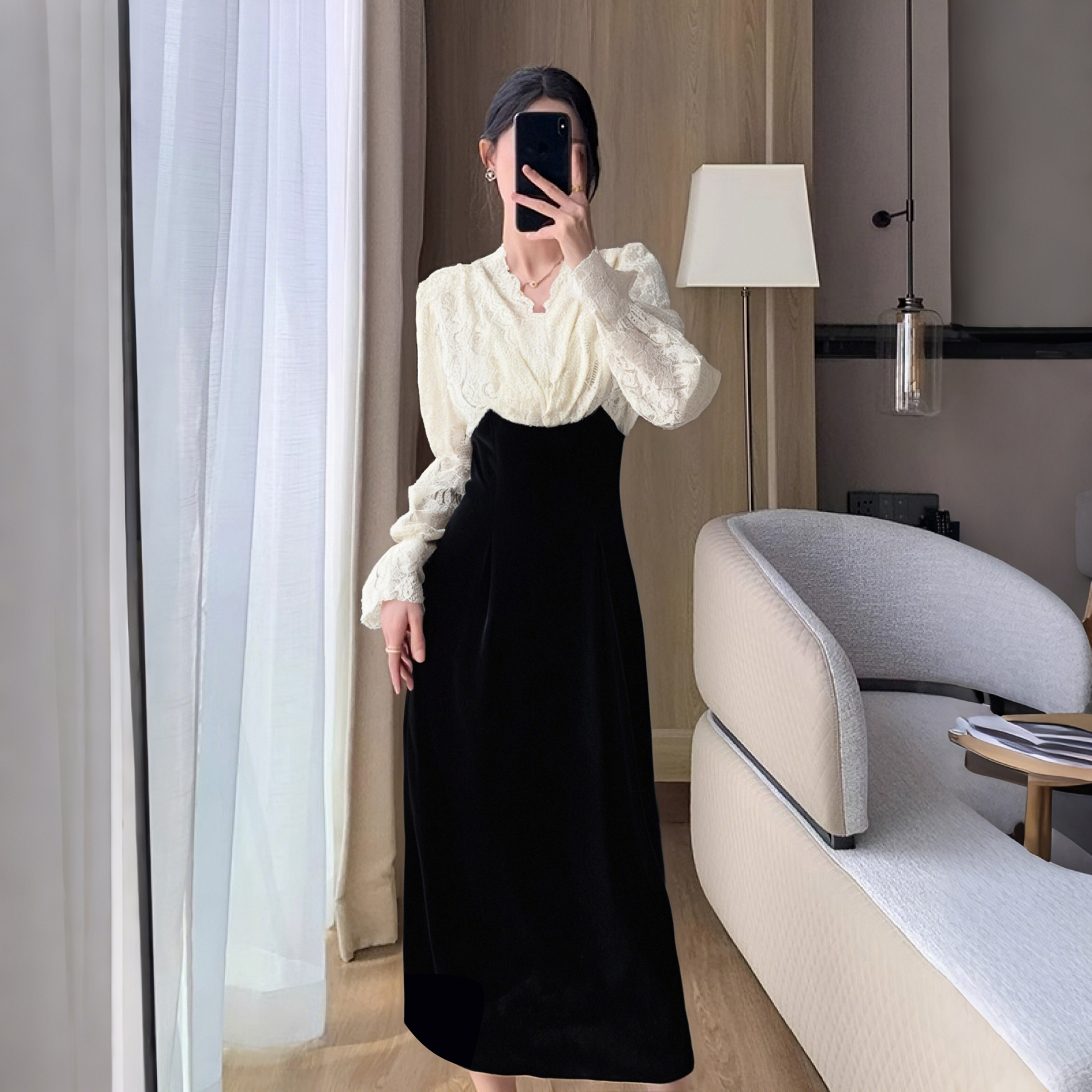 名媛气质显瘦假两件裙子2025春春新款蕾丝女装连衣裙2661