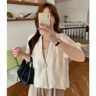 气质衬衣打底衫 假两件衬衫 翻领纯色时尚 新款 D2027 上衣女2025夏季