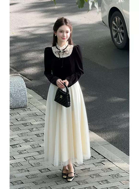 2025秋季新款有里布法式复古千金风设计假两件纱裙D3912