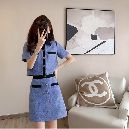 有里布高级小香风时尚两件套2026夏新款拼接上衣半身裙套装D1982A