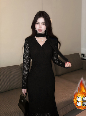 加绒加厚蕾丝镂空V领连衣裙2025秋冬新款显瘦修身裙子DM0222A