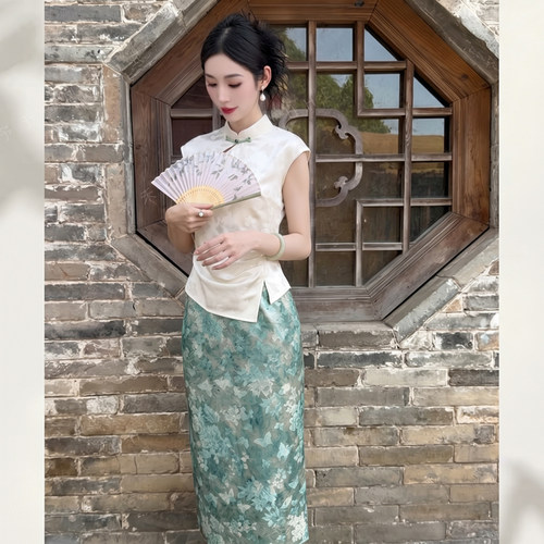 两件套2026夏季新款女新中式国风气质修身显瘦印花裙套装 D7828
