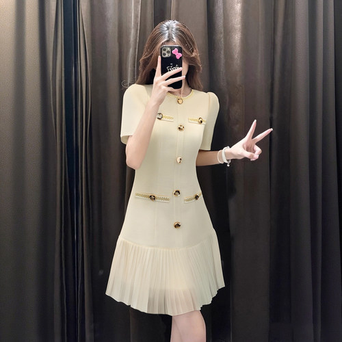 有里布法式连衣裙女夏富家千金感轻奢气质收腰设计百褶裙D1581B