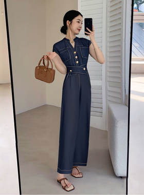 纯色气质时尚收腰两件套2025夏季新款上衣高腰阔腿裤D2129A