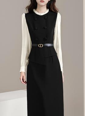 长袖拼接气质通勤假两件2025春季新款系带修身包臀女装连衣裙2116