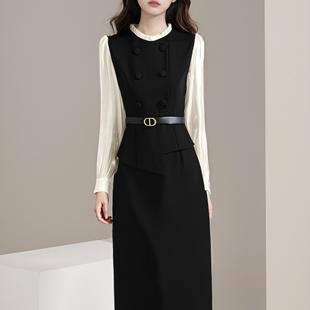 长袖拼接气质通勤假两件2026春季新款系带修身包臀女装连衣裙2116
