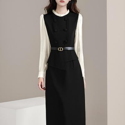 长袖拼接气质通勤假两件2025春季新款系带修身包臀女装连衣裙2116