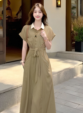 收腰显瘦法式气质连衣裙女夏季2026新款中长款Polo领裙子1723