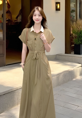 收腰显瘦法式气质连衣裙女夏季2026新款中长款Polo领裙子1723