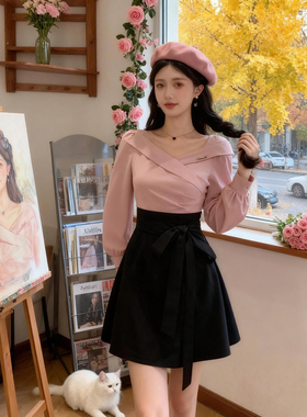 2026秋新款假两件v领斜肩长袖连衣裙女高腰显瘦通勤a字短裙D3981