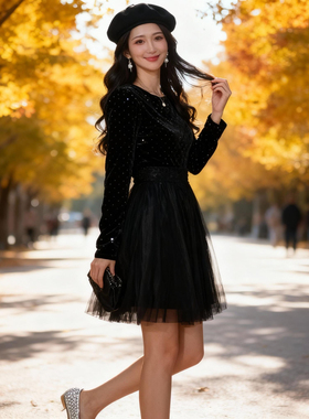 有里布2025秋冬季新款显瘦圆领黑色优雅生日高贵连衣裙女D4136