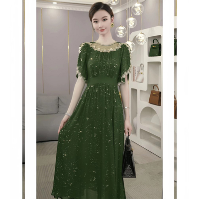 有里布轻奢高级感遮肉显瘦长裙法式气质名媛绿色连衣裙子D1072