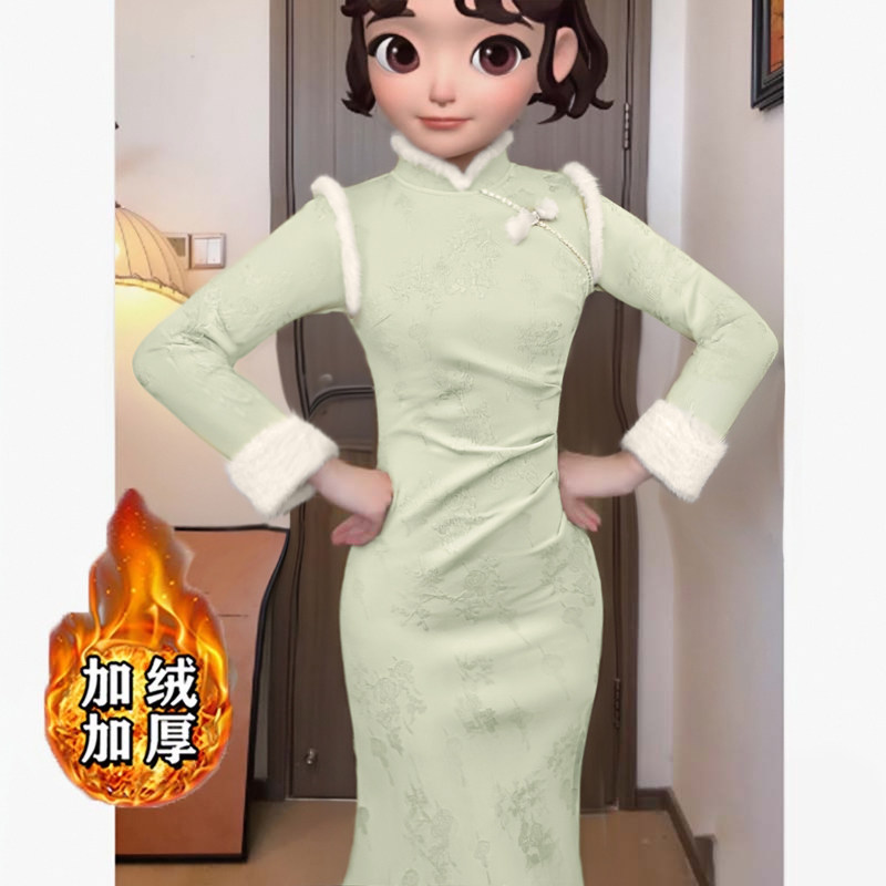 2025冬季新款加绒加厚新中式清冷绿色俏皮旗袍连衣裙D4361