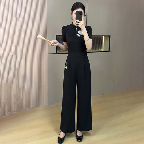 2026夏季新款女新中式优雅旗袍风收腰显瘦垂感阔腿裤连体裤D7093
