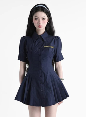 连衣裙夏季女衬衫裙2025新款收腰显瘦藏青色高腰短裙D0775