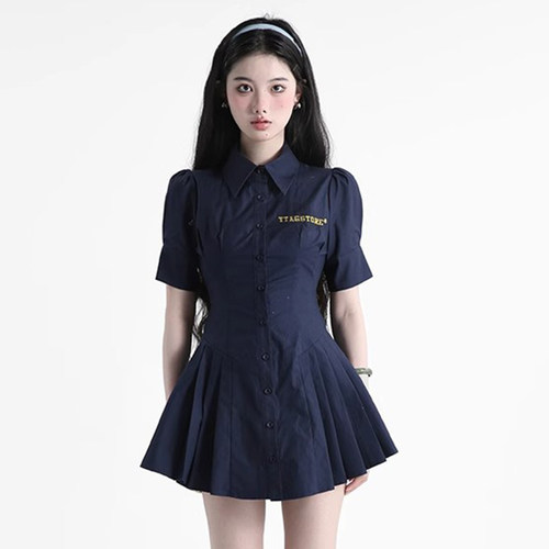 连衣裙夏季女衬衫裙2026新款收腰显瘦藏青色高腰短裙D0775