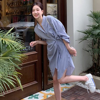 设计感条纹连衣裙2026春季新款女慵懒风长袖减龄通勤裙子6758