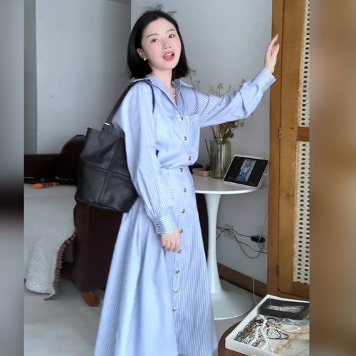 2026新款女装裙子法式长袖Polo领蓝色休闲条纹收腰衬衫连衣裙6742