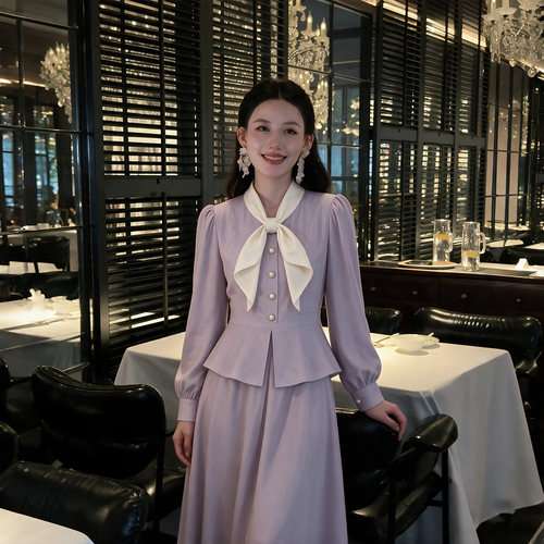有里布2026新款秋季法式蝴蝶结假两件收腰显瘦衬衫连衣裙D0341