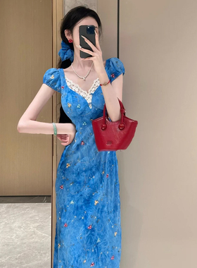 蓝调休闲度假裙子女2025夏季新款蓝色雪纺扎染连衣裙D1700