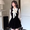 miu系富家千金连衣裙高级感小香风穿搭波点假两件小黑裙D0489