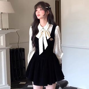 miu系富家千金连衣裙高级感小香风穿搭波点假两件小黑裙D0489