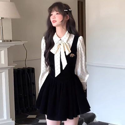 miu系富家千金连衣裙高级感小香风穿搭波点假两件小黑裙D0489