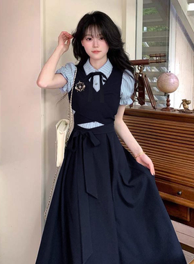 2025夏季新款英伦学院风拼接假两件收腰减龄气质长款连衣裙D3273