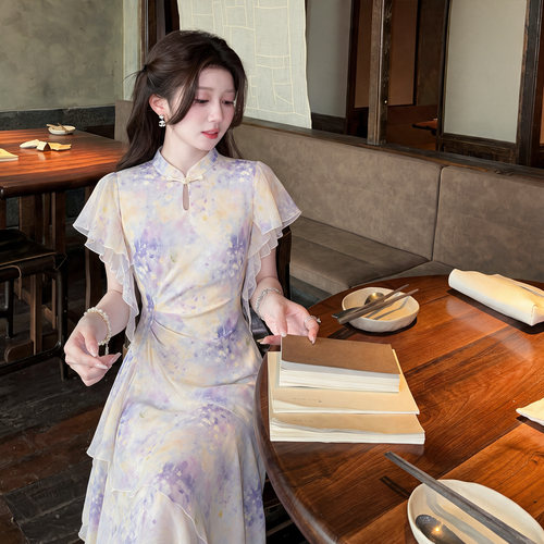 【有里布】夏季绝美印花油画感V领蕾丝气质女大裙摆连衣裙D9822