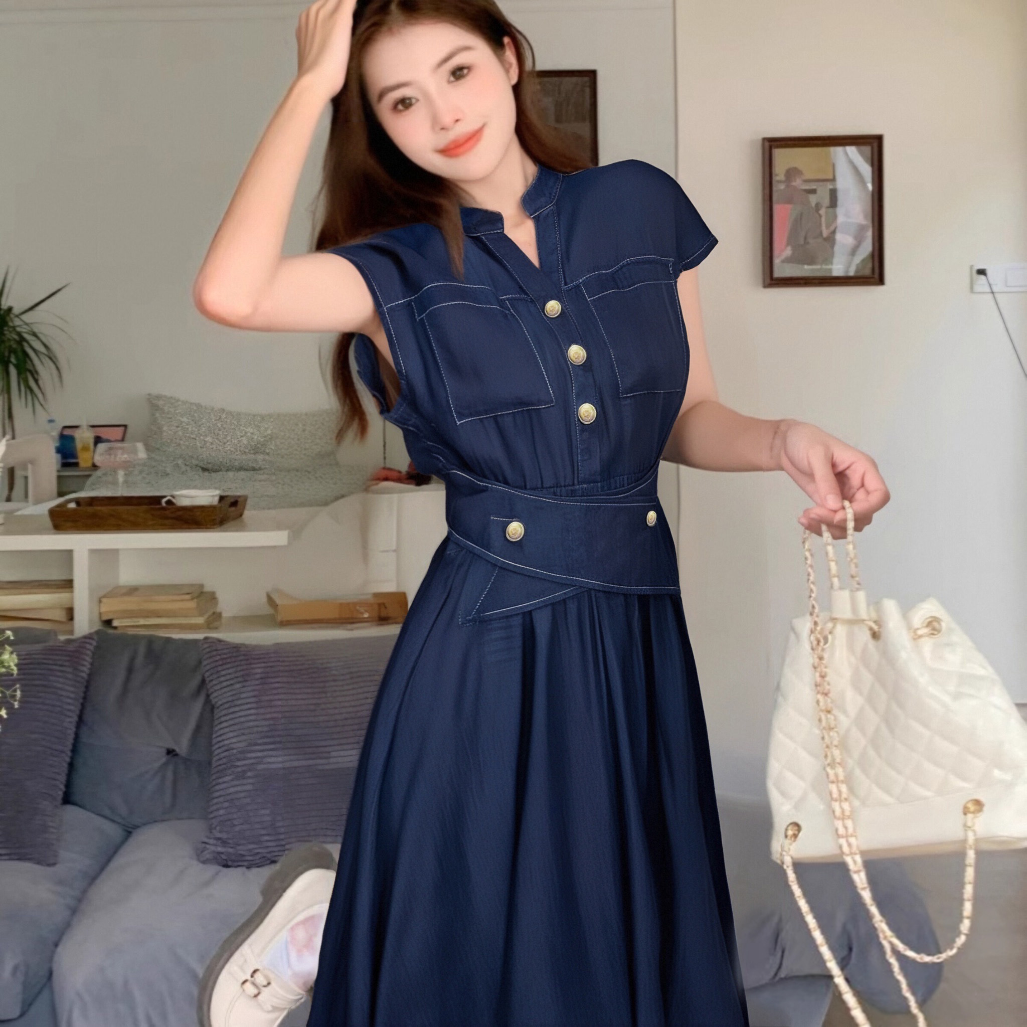 纯色修身显瘦连衣裙女2025夏新款收腰气质通勤长裙子D1833C