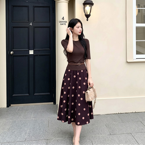 两件套送腰带2026夏季新款女复古高级感绝美波点半身裙套装D9685