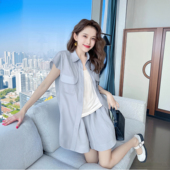 套装 2025新款 休闲气质显瘦蓝色马甲短裤 微胖穿搭两件套D2348A