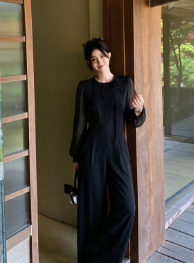 2026秋季轻熟法式风黑色连体裤女长袖收腰显瘦气质阔腿裤D9266