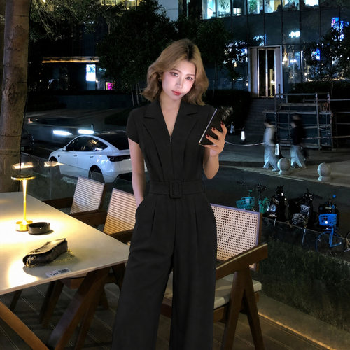 2026夏季极简风通勤V领连体裤女黑色高腰收腰显瘦气质阔腿裤D8727