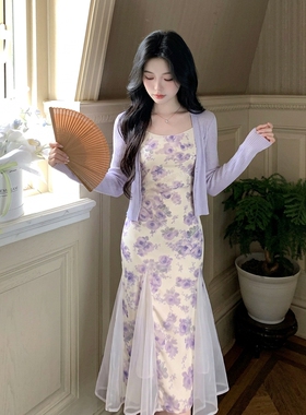 两件套2026夏季新款女收腰显瘦碎花吊带连衣裙开衫气质套装D6306
