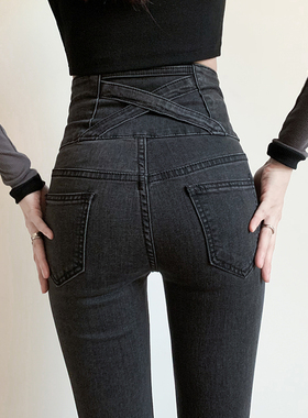 灰色爆款小脚牛仔裤女2024新款夏季高腰修身蜜桃臀九分紧身铅笔裤