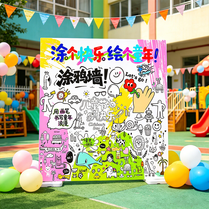 六一儿童节涂鸭墙活动氛围布置装饰学校幼儿园61手绘墙KT板背景