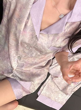 水墨印花三件套睡衣女夏季短袖家居服可外穿冰丝紫色薄0522r