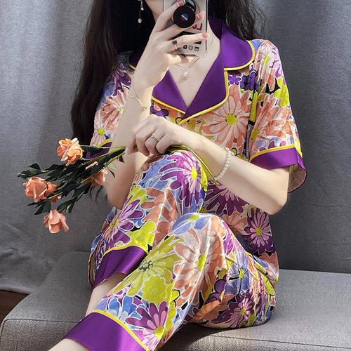 三件套装冰丝睡衣女夏季短袖花卉碎花宽松家居服舒适中式国0529e