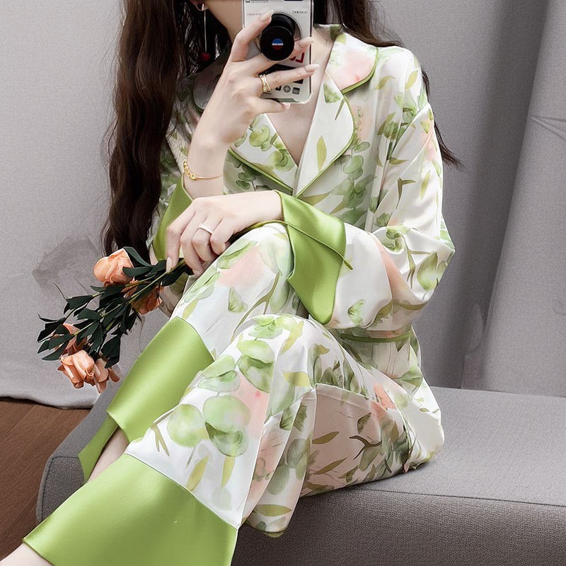 【顺丰包邮】睡衣女士丝绸春秋夏季长袖新款家居服绿色套装冰丝薄