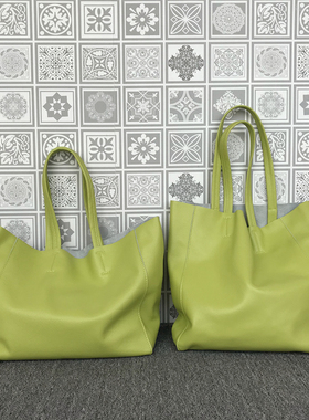 欧美新款托特包慵懒风大容量包包简约潮搭头层牛皮果绿色单肩大包