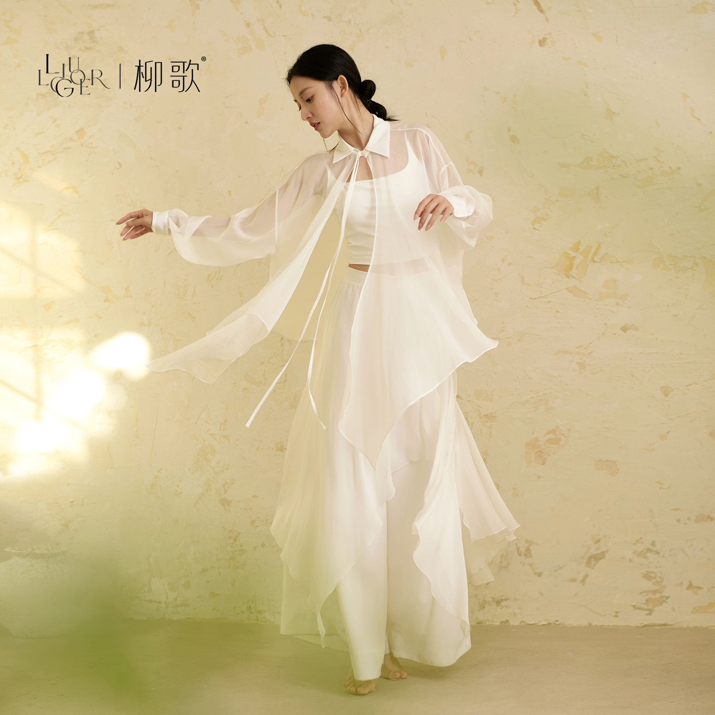 柳歌古典舞蹈服装女飘逸中国白色长袖衬衫上衣绝美练功服两件套装