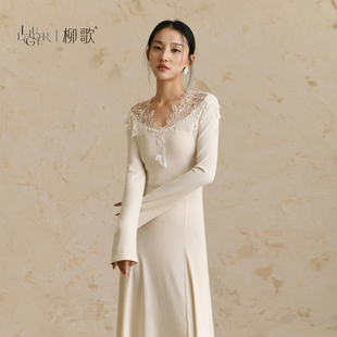 柳歌千金感穿搭春新款 蕾丝花边连衣裙A字大摆裙子女 内搭打底长袖