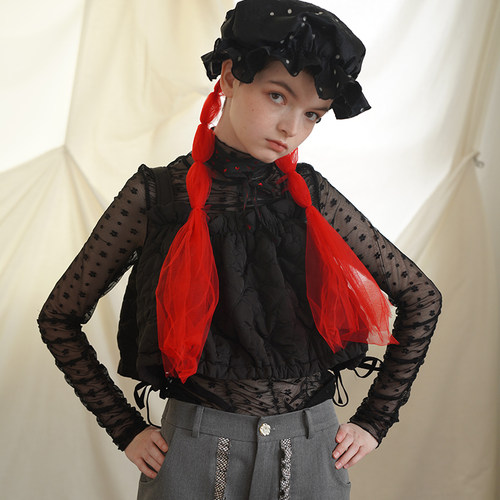 猫橘桃子原创小花蕾丝褶皱透视