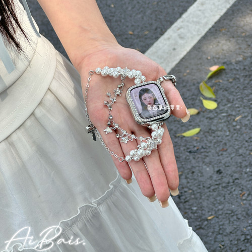 《蝴蝶珍珠》适用苹果11手表iwatchs10表带applewatch8金属女链条