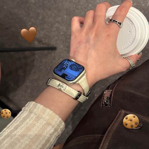 双圈皮质细款十字iwatch11苹果手表表带10适用applewatch9女秋冬8