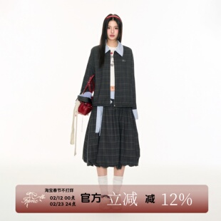 FPMZ 复古翻领撞色条纹格子拼接夹克外套蝴蝶结花苞裙半身裙套装