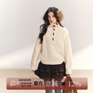 FPMZ联名ANDN【麦穗黄昏】牛角扣粗针复古绞花翻领毛衣冬女针织衫